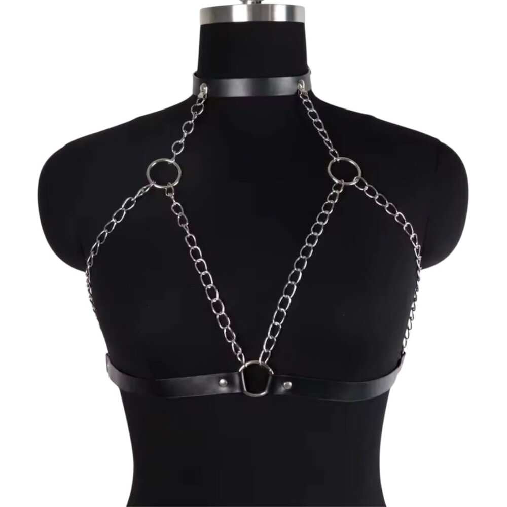 Women PU Leather Corset Single Layer Chain Suspender Harness